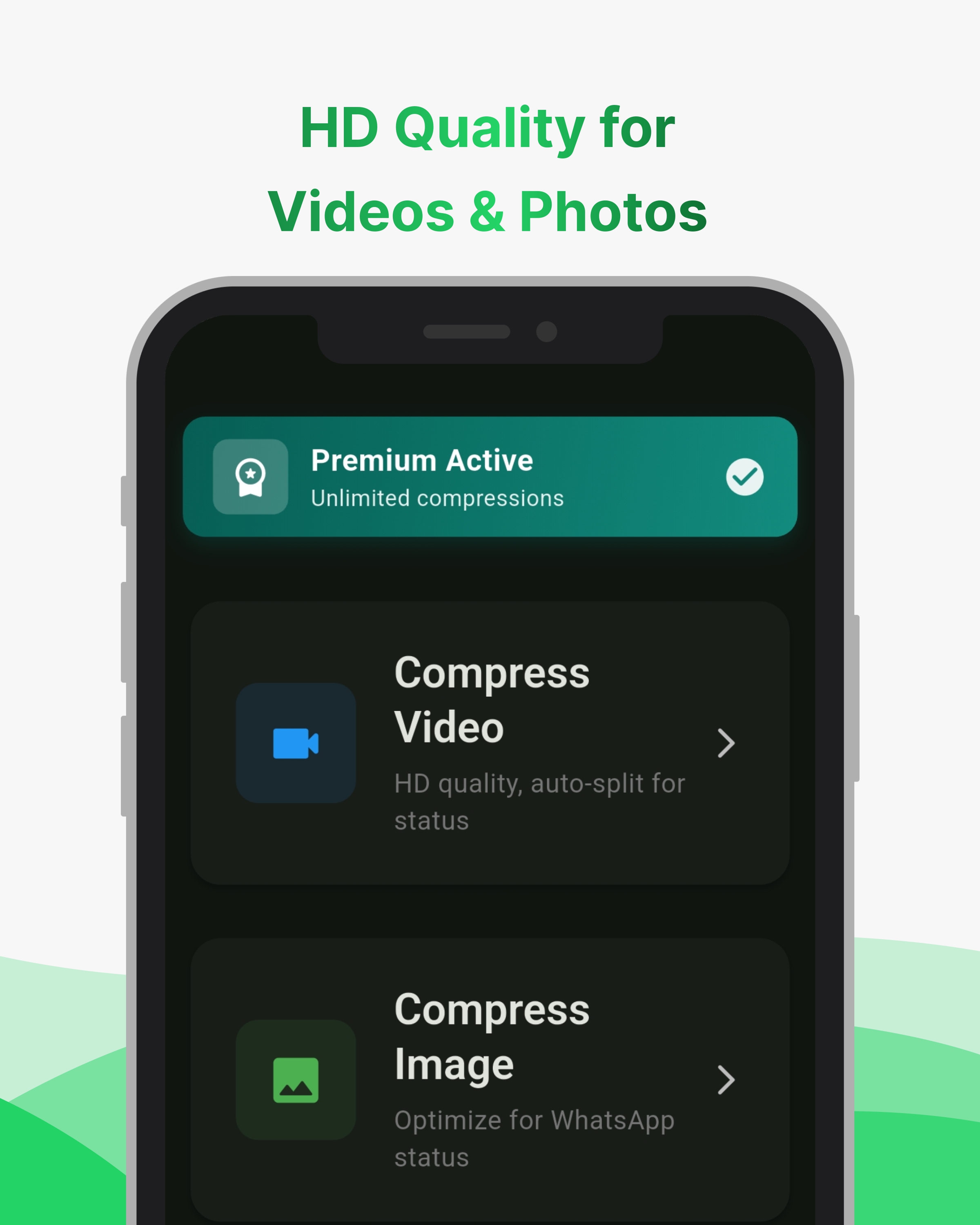 WhatStatHD Home Screen - HD Quality for Videos and Photos with Compress Video and Compress Image options