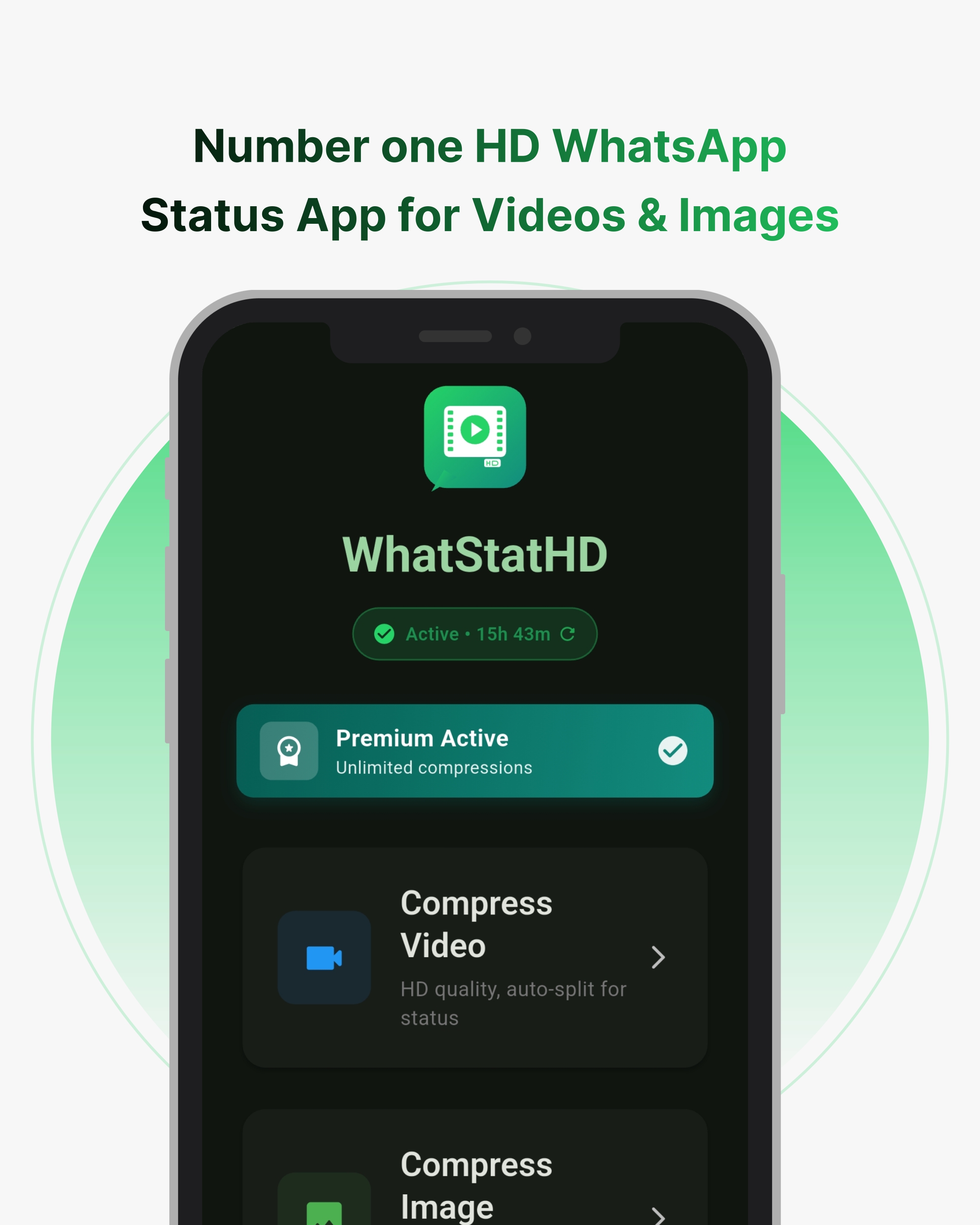 WhatStatHD HD WhatsApp Status App - Home Screen showing HD video and image compression